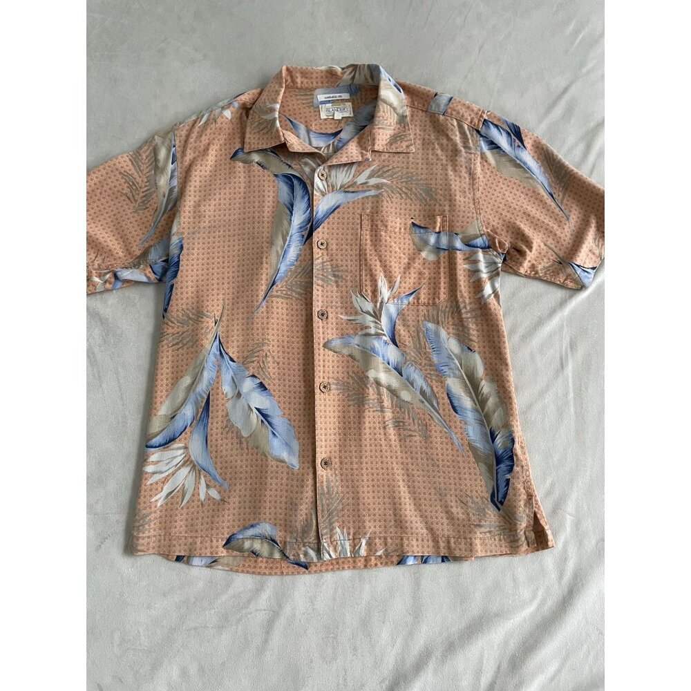 Islanders Mens Washable Silk Hawaiian Shirt Feather Print Small Tear Mended M